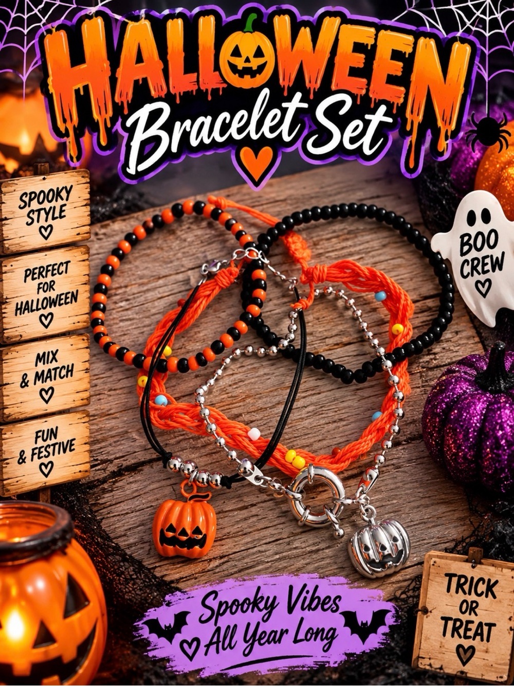 Halloween Bracelet Set - Orange & Black Spooky Vibes - Set of 5